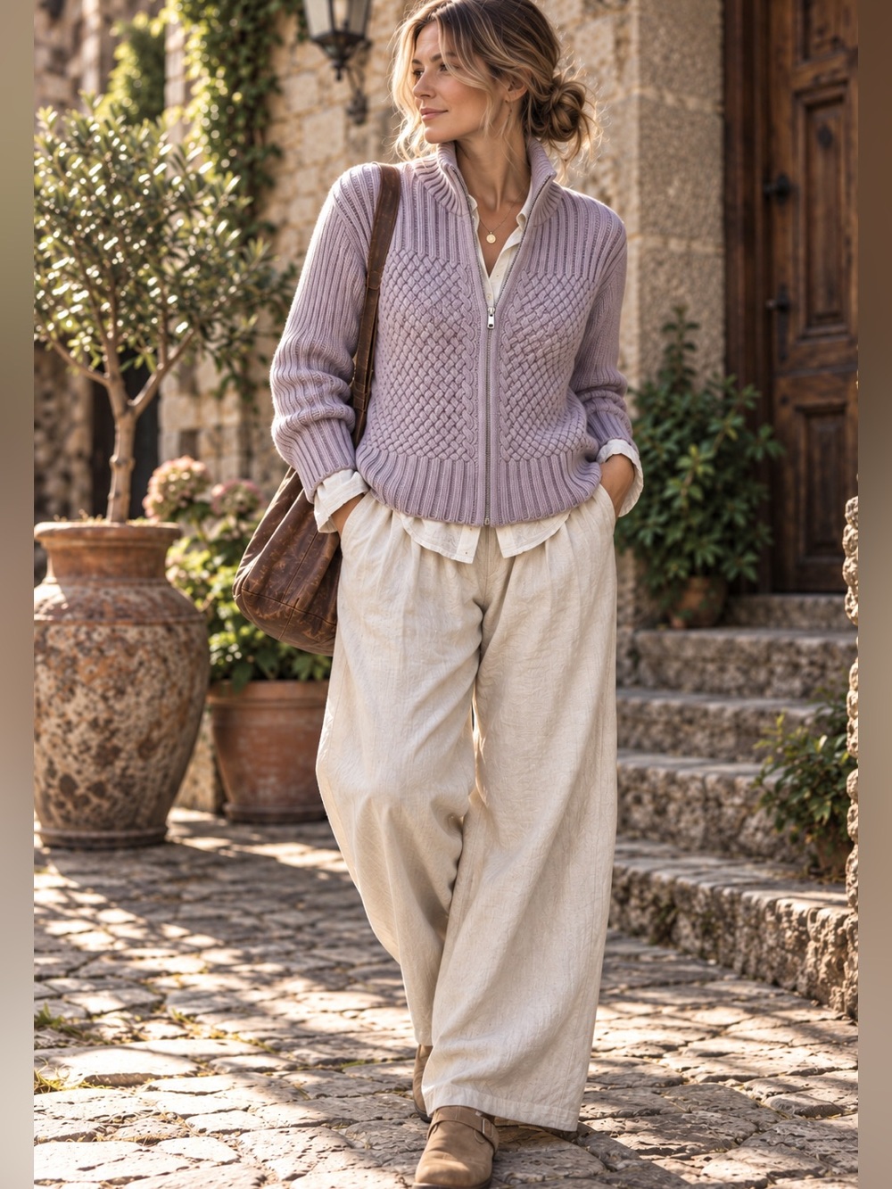 Chelsea Studio Lavender M Textured Knit Zip Cardigan Heritage Coastal Grandma